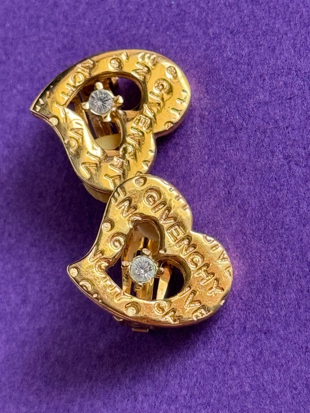 Vintage Givenchy Gold Heart Clip-On Earrings with Crystal Accent - Gold